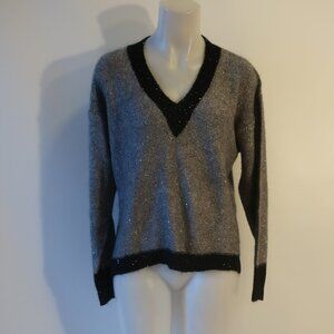Womens Icona Gray, Black V-Neck Sequin Design Sweater S/M